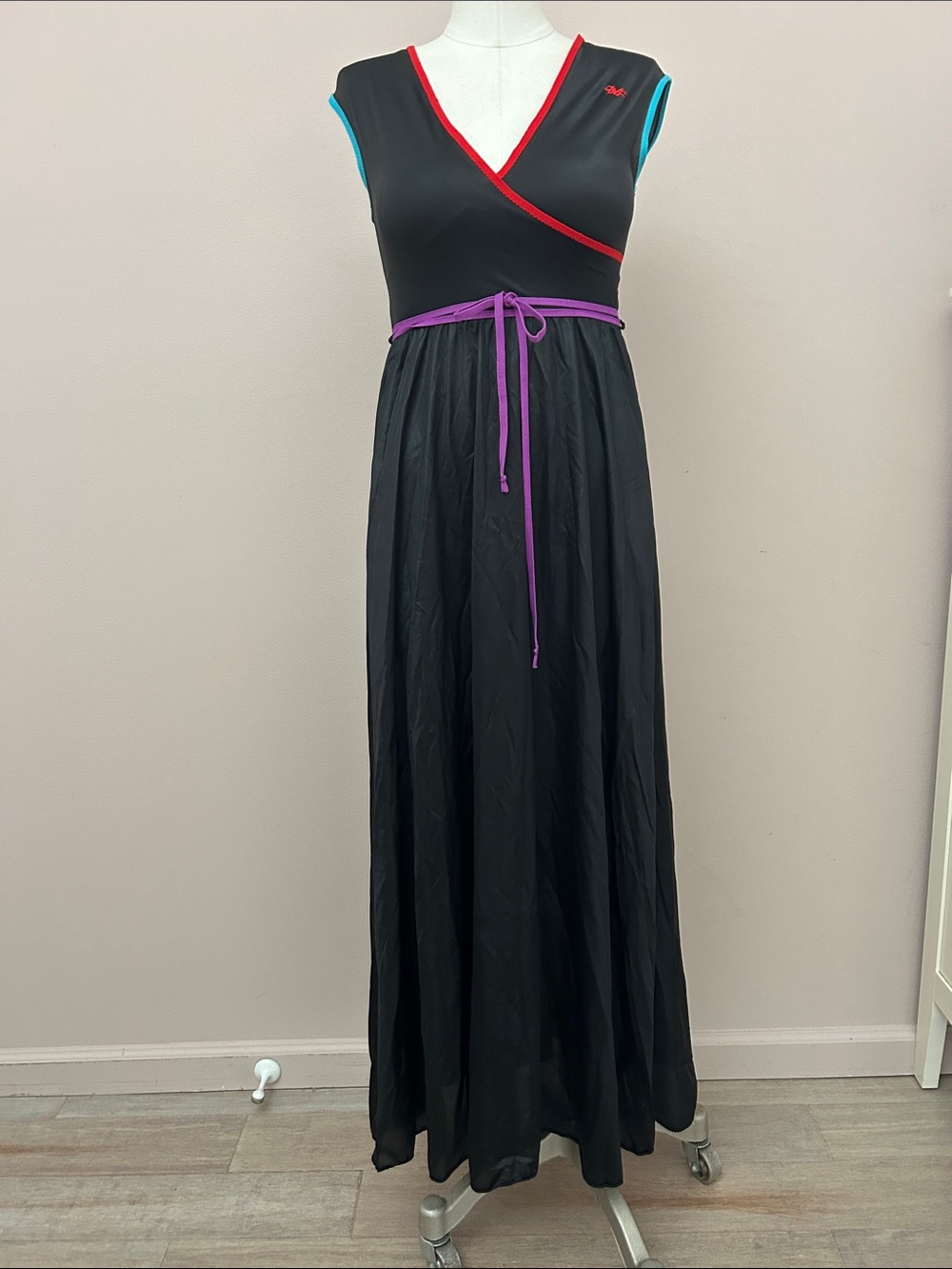 Dvf VTG Black Maxi Wrap Dress with Purple Tie and Color Trim size S nylon belted
